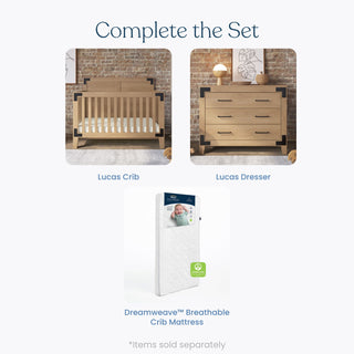 Set includes a light wood crib with shiplap detail, the Child Craft Lucas Dresser in Nutmeg with three drawers, and a white Dreamweave breathable crib mattress. Items sold separately for your modern farmhouse nursery.