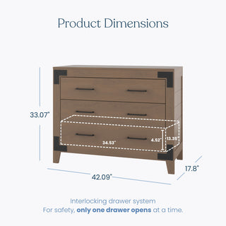 The Child Craft Lucas Dresser in Dusty Heather offers three spacious drawers, modern farmhouse style with shiplap details, and measures 33.07"H x 42.09"W x 17.8"D. The bottom drawer's interior is 34.53"W x 4.52"H x 13.35"D.