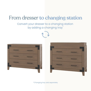 Side-by-side photos of the Lucas Dresser in Dusty Heather by Child Craft: left, the dresser alone; right, topped with a changing tray. Text shows how this shiplap-detailed modern farmhouse dresser converts into a changing station.
