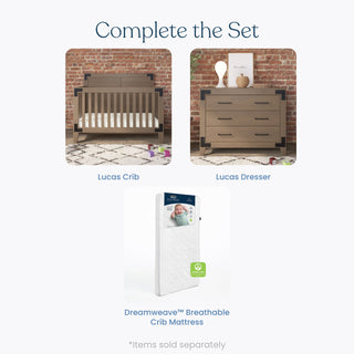 Three nursery items: a wooden Lucas crib, a Child Craft Lucas Dresser in Dusty Heather with modern farmhouse shiplap detailing, and a Dreamweave breathable crib mattress in packaging. Items are sold separately.