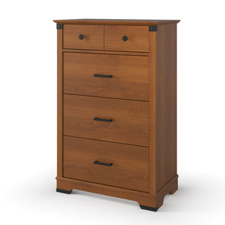 The Child Craft Redmond 4 Drawer Chest in Coach Cherry is a tall wooden dresser with two small drawers (round knobs), three larger drawers (black handles), black corner accents, and a warm finish—ideal for nurseries or rustic bedrooms.