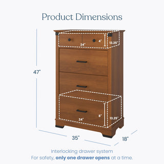 The Child Craft Redmond 4 Piece Nursery Set includes a dresser with changing tray. The dresser is 47" tall, 35" wide, and 18" deep, featuring four drawers (24"W x 13.25"H; bottom drawer is 8"H) with a safety mechanism to open one at a time.
