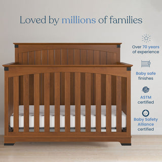 A Child Craft Redmond Full Panel 2-Piece Crib and DreamWeave Set in Coach Cherry stands against a light wall. Boasting baby-safe finishes, this convertible crib is ASTM and Baby Safety Alliance certified, trusted by millions of families.