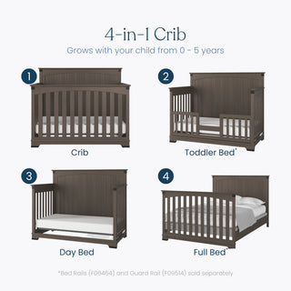 The Child Craft Redmond 4 Piece Nursery Set features a 4-in-1 convertible crib in dark wood—shown as crib, toddler bed, day bed, and full bed—adapting from birth to age 5. Bed rails and guard rail sold separately. Includes dresser with changing tray and chest.