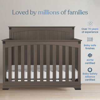 The Child Craft Redmond 4 Piece Nursery Set with Crib, Dresser with Changing Tray, and Chest is loved by millions. Icons highlight 70+ years’ experience, baby-safe finishes, ASTM and Baby Safety Alliance certifications.