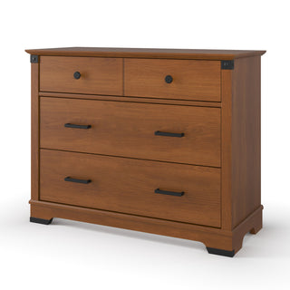 The Child Craft Redmond 3 Drawer Dresser in Coach Cherry features a medium brown finish, two small upper drawers, one large lower drawer with black handles, and adds style and storage to your nursery.