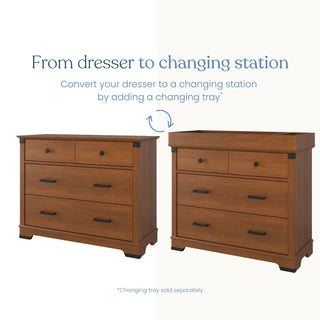 Side-by-side image of the Child Craft Redmond 3 Drawer Dresser in Coach Cherry and the dresser with a changing tray (sold separately) on top, showing how it converts into a nursery changing station.