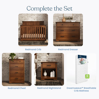 Five nursery items shown: a Child Craft Redmond wooden crib, dresser, chest, nightstand—all Coach Cherry finish—and a white breathable crib mattress in packaging. Each piece is labeled, including the Child Craft Redmond 3 Drawer Dresser.