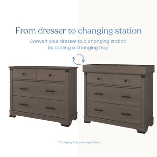 Side-by-side image of Child Craft Redmond 3 Drawer Dresser in Dapper Gray, shown alone and with a changing tray on top to illustrate easy conversion to a changing station. Tray sold separately.