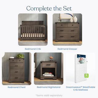 Five baby nursery items are shown: a Child Craft Redmond crib, Child Craft Redmond 3 Drawer Dresser in Dapper Gray, Redmond chest, Redmond nightstand, and a Dreamweave breathable crib mattress. Text notes items are sold separately.