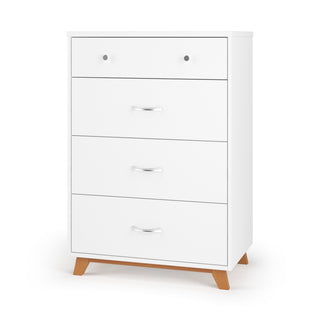 The Child Craft Soho 4 Drawer Chest in White/Natural features silver handles, short wooden legs, a simple modern design, and a baby-safe finish—ideal as nursery furniture or a stylish mid-century modern nursery chest.