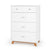 The Child Craft Soho 4 Drawer Chest in White/Natural features silver handles, short wooden legs, a simple modern design, and a baby-safe finish—ideal as nursery furniture or a stylish mid-century modern nursery chest.
