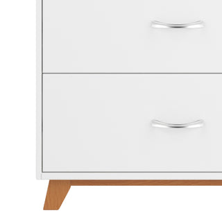 Close-up of the Child Craft Soho 4 Drawer Chest in White/Natural, featuring two visible drawers with silver curved handles, angled wooden legs, and a baby-safe finish—ideal as stylish and safe nursery furniture.