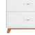 Close-up of the Child Craft Soho 4 Drawer Chest in White/Natural, featuring two visible drawers with silver curved handles, angled wooden legs, and a baby-safe finish—ideal as stylish and safe nursery furniture.