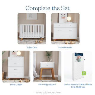 Complete your nursery with the Child Craft Soho 4 Drawer Chest in white/natural, featuring wooden legs and a baby-safe finish. Pair with matching crib, dresser, nightstand, and Dreamweave breathable mattress for a unified look.
