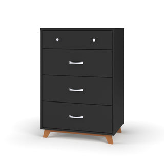 The Child Craft Soho 4 Drawer Chest in Ebony features mid-century modern style with four drawers, silver handles, and angled wooden legs—ideal nursery furniture. The top drawer has two knobs; the others have curved handles.