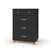 The Child Craft Soho 4 Drawer Chest in Ebony features mid-century modern style with four drawers, silver handles, and angled wooden legs—ideal nursery furniture. The top drawer has two knobs; the others have curved handles.