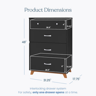 The Child Craft Soho 4 Drawer Chest in Ebony features four drawers and sturdy wood legs, perfect for nursery storage. For added safety, only one drawer can open at a time. Dimensions: 48"H x 31.25"W x 17.75"D.