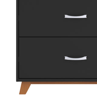 The Child Craft Soho 4 Drawer Chest in Ebony features a sleek mid-century modern design with two visible drawers, curved silver handles, wooden legs, and a wood base trim—perfect, stylish storage for any nursery.