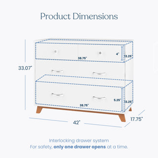 The Child Craft Soho 3-Drawer Dresser in White/Natural features wood legs, three spacious drawers (only one opens at a time), and blue dashed dimension lines: 42" wide, 33.07" high, 17.75" deep—ideal for a stylish mid-century modern nursery.