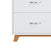 A left-side close-up of the Child Craft Soho 3-Drawer Dresser in White/Natural showcases its stylish mid-century modern design, featuring three drawers with silver handles and wooden legs—perfect for any nursery.