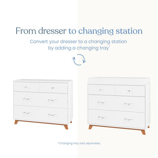 Side-by-side images show the Child Craft Soho 3-Drawer Dresser in White/Natural with and without a changing tray. Text above: "From dresser to changing station. Easily convert your Soho dresser by adding a changing tray.