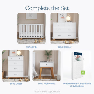 Five baby furniture pieces are shown: a mid-century modern white crib, Child Craft Soho 3-Drawer Dresser in White/Natural, a chest, nightstand, and breathable crib mattress. Text reads, “Complete the Set. *Items sold separately.”.