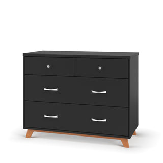 The Child Craft Soho 3-Drawer Dresser in Ebony features a sleek mid-century modern design with silver handles and angled wooden legs, shown against a plain white background.