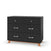 The Child Craft Soho 3-Drawer Dresser in Ebony features a sleek mid-century modern design with silver handles and angled wooden legs, shown against a plain white background.