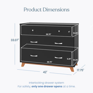 The Child Craft Soho 3-Drawer Dresser in Ebony offers mid-century style with three drawers and four legs, measuring 33.07" H x 42" W x 17.75" D, and includes a safety feature allowing only one drawer to open at a time—great for nurseries.