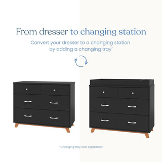 Side-by-side images show the Child Craft Soho 3-Drawer Dresser in Ebony: left as a regular dresser, right as a changing station with an added tray. Text highlights how this mid-century piece easily becomes nursery furniture.