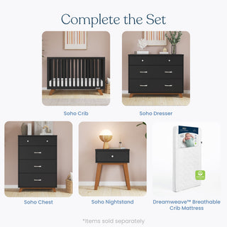 The Child Craft Soho 3-Drawer Dresser in Ebony is a mid-century modern nursery dresser, shown with other baby furniture and a white Dreamweave crib mattress (*items sold separately).