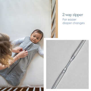 A baby in a crib wears the HALO Fall/Winter SleepSack Wearable Blanket, while an adult zips it up. Text reads “2-way zipper for easier diaper changes.” An inset displays a close-up of the zipper.
