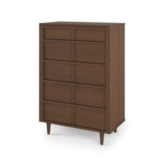 The Child Craft Surrey Hill 5 Drawer Chest in Toasted Chestnut is a tall, modern nursery dresser with angled legs and diamond-patterned drawer fronts, displayed against a white background.