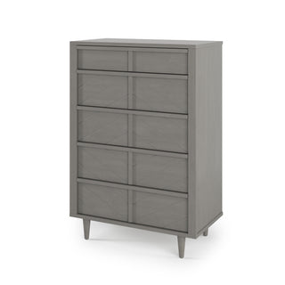 The Child Craft Surrey Hill 5 Drawer Chest in Lunar Gray is a modern wooden nursery dresser with angled legs and a subtle chevron pattern, shown against a plain white background.
