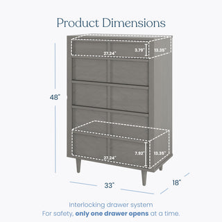 The Child Craft Surrey Hill 5 Drawer Chest in Lunar Gray features a subtle diamond pattern, spacious drawers with a safety design allowing one to open at a time—perfect for the nursery. Dimensions: 48"H x 33"W x 18"D; drawer: 27.24"W x 13.35"D x 7.92"H.