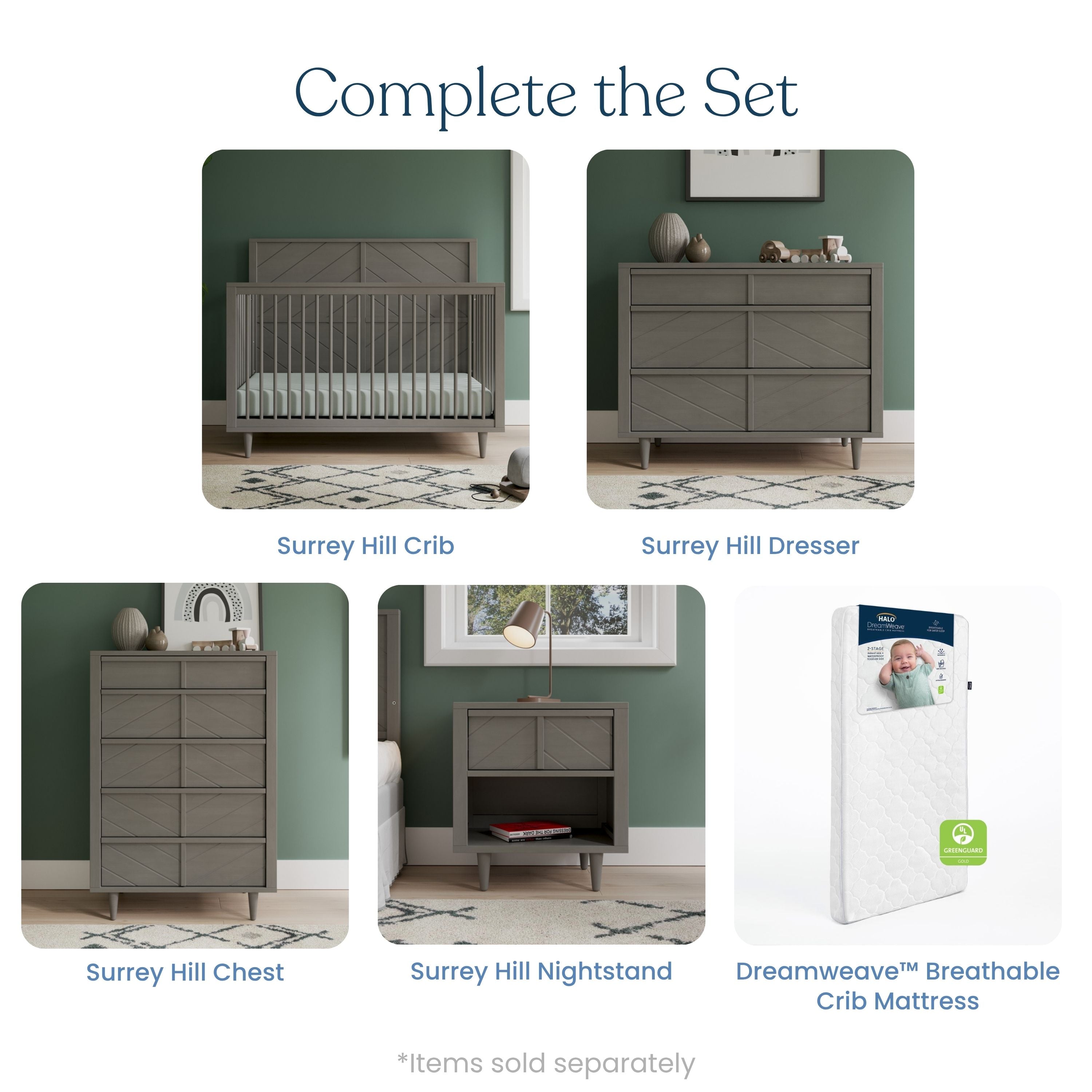 Child Craft Surrey Hill Crib, Dresser & Chest Nursery Set, 4-in-1 Convertible Crib, Lunar Gray, 3-Piece