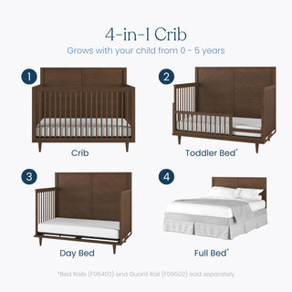 The Child Craft Surrey Hill 2-Piece Crib and DreamWeave Set in Toasted Chestnut transitions from crib to toddler bed with guard rail, daybed, and full-size bed. Includes a breathable DreamWeave mattress. Rails sold separately.