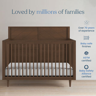 The Child Craft Surrey Hill 2-Piece Crib and DreamWeave Set in Toasted Chestnut features safety certifications, a HALO DreamWeave breathable mattress, over 70 years of expertise, baby-safe finishes, and is loved by millions.