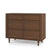 The Child Craft Surrey Hill 3 Drawer Dresser in Toasted Chestnut features a mid-century modern design with a warm brown finish and geometric diamond pattern, perfect for nursery storage.