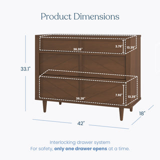 The Child Craft Surrey Hill 3 Drawer Dresser in Toasted Chestnut features a charming diamond pattern and three spacious drawers. Measuring 33.1" H x 42" W x 18" D, it's perfect for stylishly organizing baby essentials.