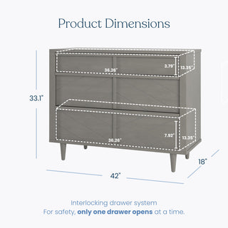 The Child Craft Surrey Hill 3 Drawer Dresser in Lunar Gray features a modern gray finish, four tapered legs, and spacious storage—ideal for any nursery. Overall size: 42" W x 18" D x 33.1" H.