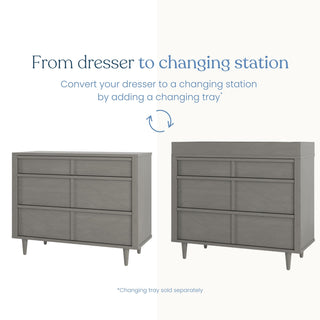See the Child Craft Surrey Hill 3 Drawer Dresser in Lunar Gray as both a standard dresser and a nursery changing station with an added tray, showing its easy conversion to modern nursery furniture.