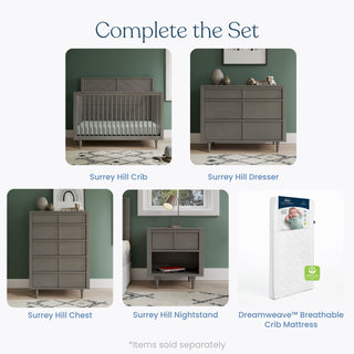 Four modern nursery pieces are shown: a crib, Child Craft Surrey Hill 3 Drawer Dresser in Lunar Gray, chest, and nightstand in gray wood, plus a white Dreamweave™ crib mattress. Text: “Complete the Set.” *Items sold separately.
