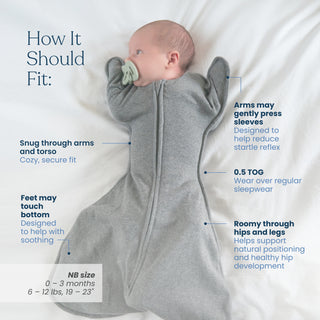 A baby in a grey HALO SwaddleStretch™ Newborn Swaddle TOG 0.5 lies on a bed with a pacifier, showing snug arms and torso, roomy hips for healthy development, and gently fitted sleeves. Text shares tips for optimal comfort and fit.