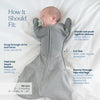 A newborn in a gray HALO SwaddleStretch™ Newborn Swaddle TOG 0.5 lies on a white surface, holding a pacifier. Labels highlight its snug fit at arms and torso, roomy hips and legs, full bottom, and sleeves allowing babies to push with their hands.
