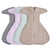 Four HALO SwaddleStretch™ Newborn Swaddle TOG 0.5 sacks in gray, light purple, mint green, and beige are stacked neatly, each with a hip-healthy design, front zipper, and winged arms for comfortable sleep.