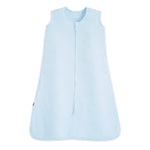 The HALO Wearable Blanket 100% Organic Cotton TOG 0.5 is a light blue, sleeveless baby sleep sack with a front zipper, shown on a white background, designed to promote safe sleep as a wearable blanket.