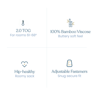 The HALO SuperSoft Bamboo Swaddle TOG 2.0 features a hip-healthy SleepSack design, buttery soft 100% bamboo viscose, adjustable fasteners for a snug fit, and is ideal for rooms 61–68°F.