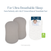 Two gray oval pads (HALO BassiNest® Fitted Sheet 100% Organic Cotton Muslin 2-Pack) are shown next to a white quilted bassinet pad with a baby’s photo on the packaging. Text reads: 